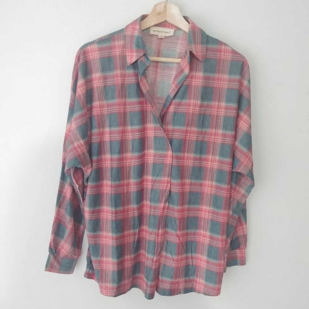 Coverstitch Teal & Red Plaid Flannel Front Knot… - Picture 4 of 9